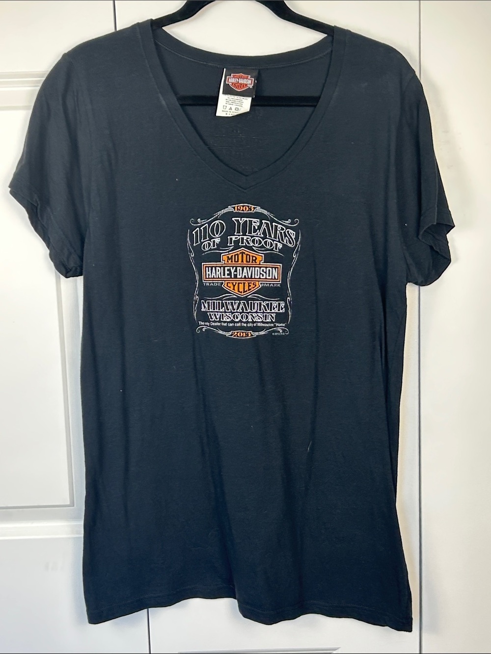 Harley-Davidson Black V-Neck Tee with Orange & White Logo